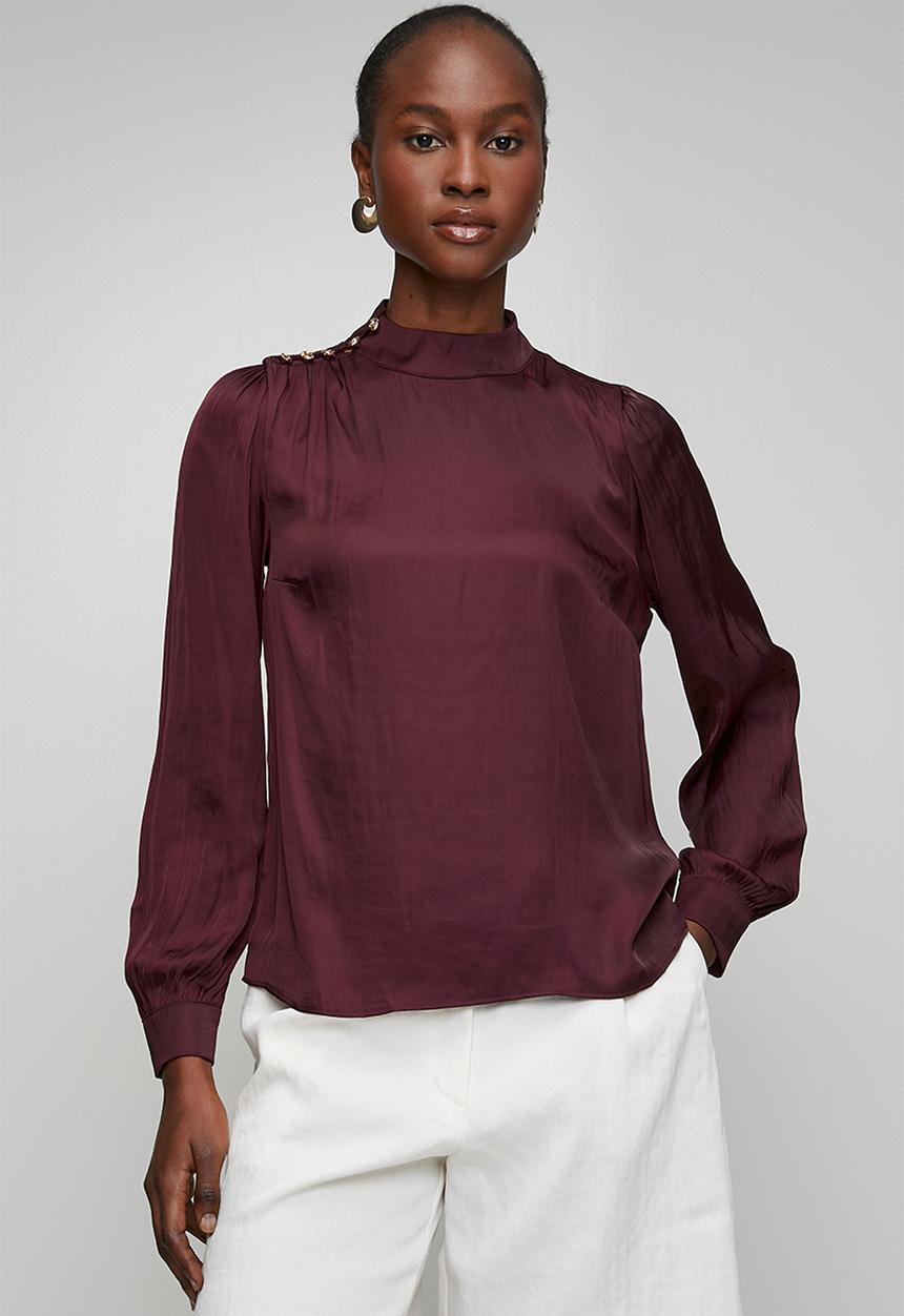 New Look - Judy Satin Btn High Neck Blouse - Burgundy