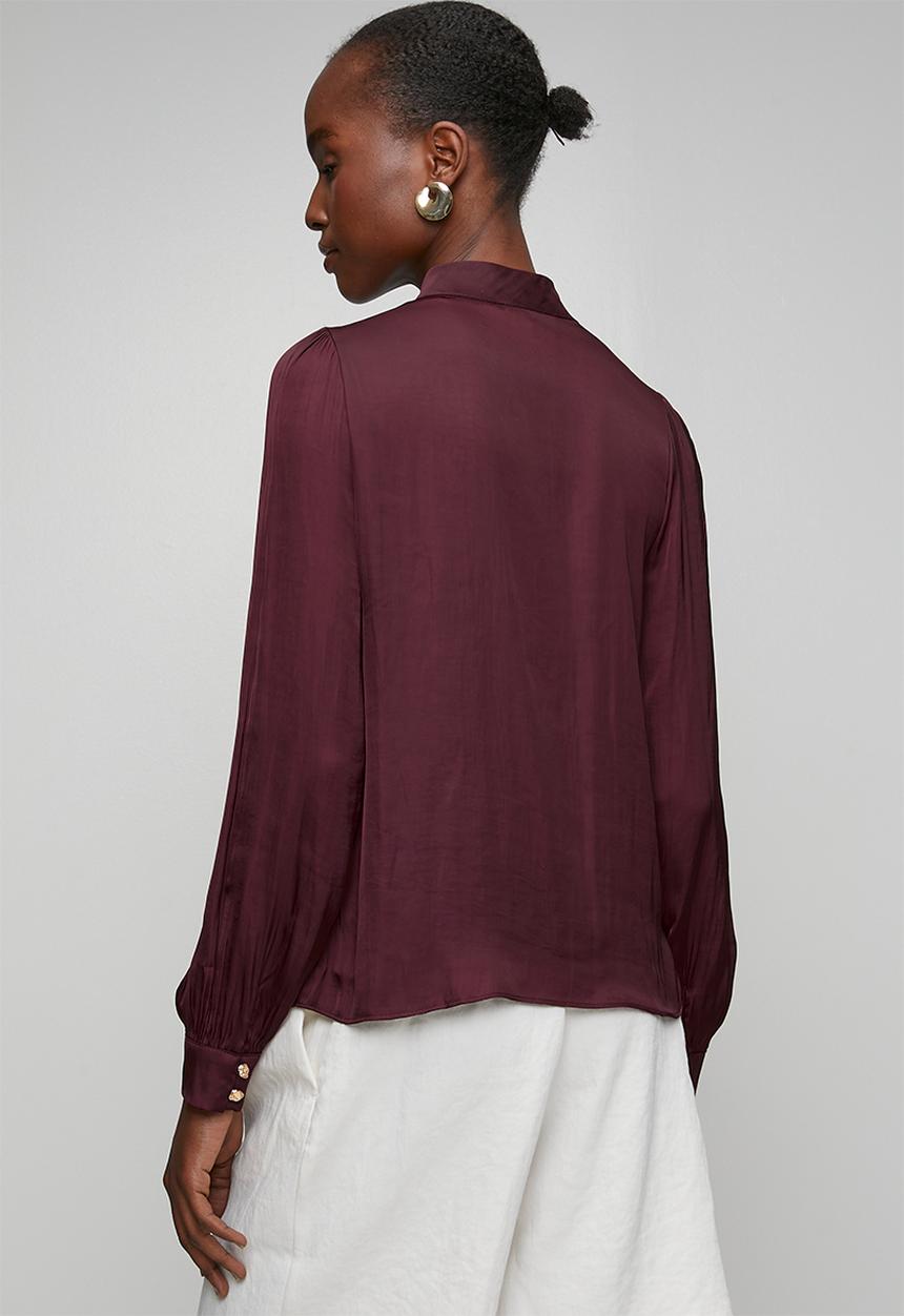 New Look - Judy Satin Btn High Neck Blouse - Burgundy