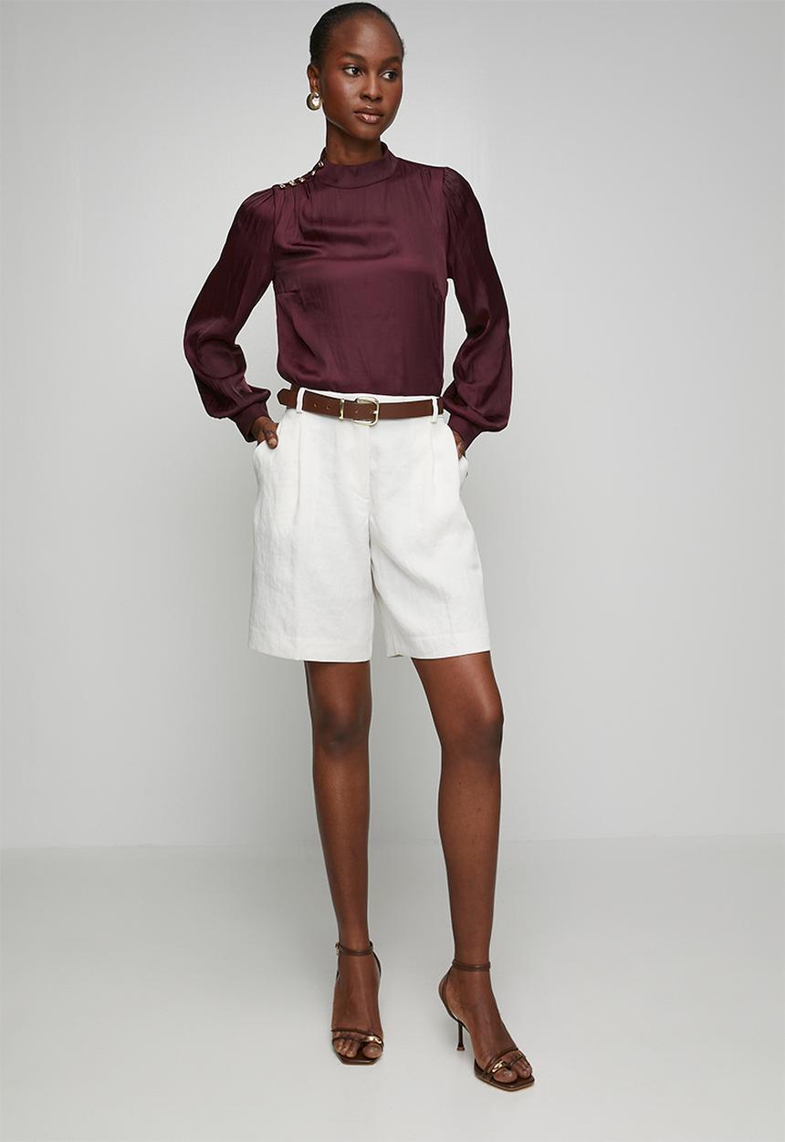 New Look - Judy Satin Btn High Neck Blouse - Burgundy