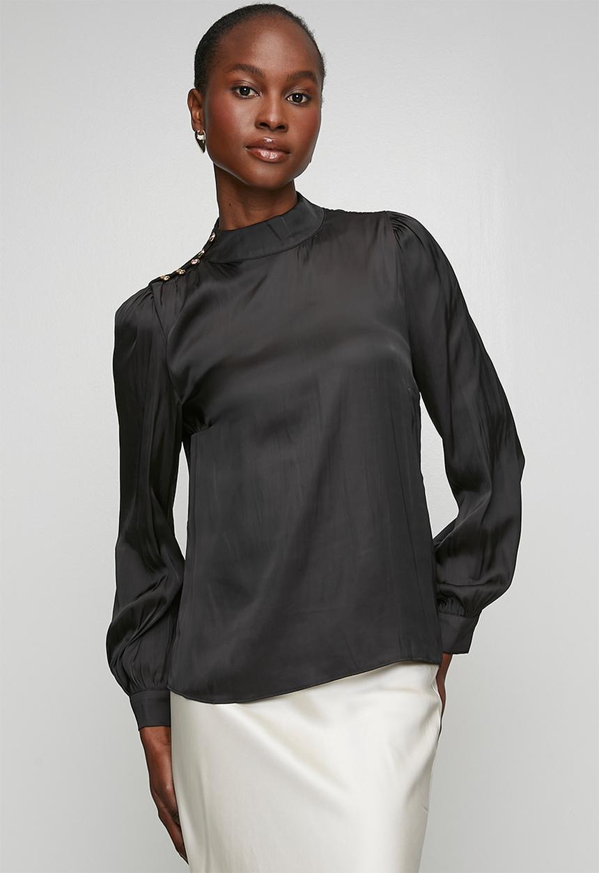 New Look - Judy Satin Btn High Neck Blouse - Black