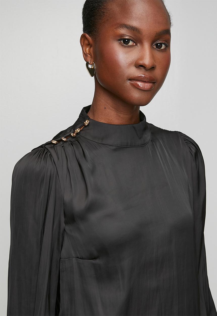 New Look - Judy Satin Btn High Neck Blouse - Black