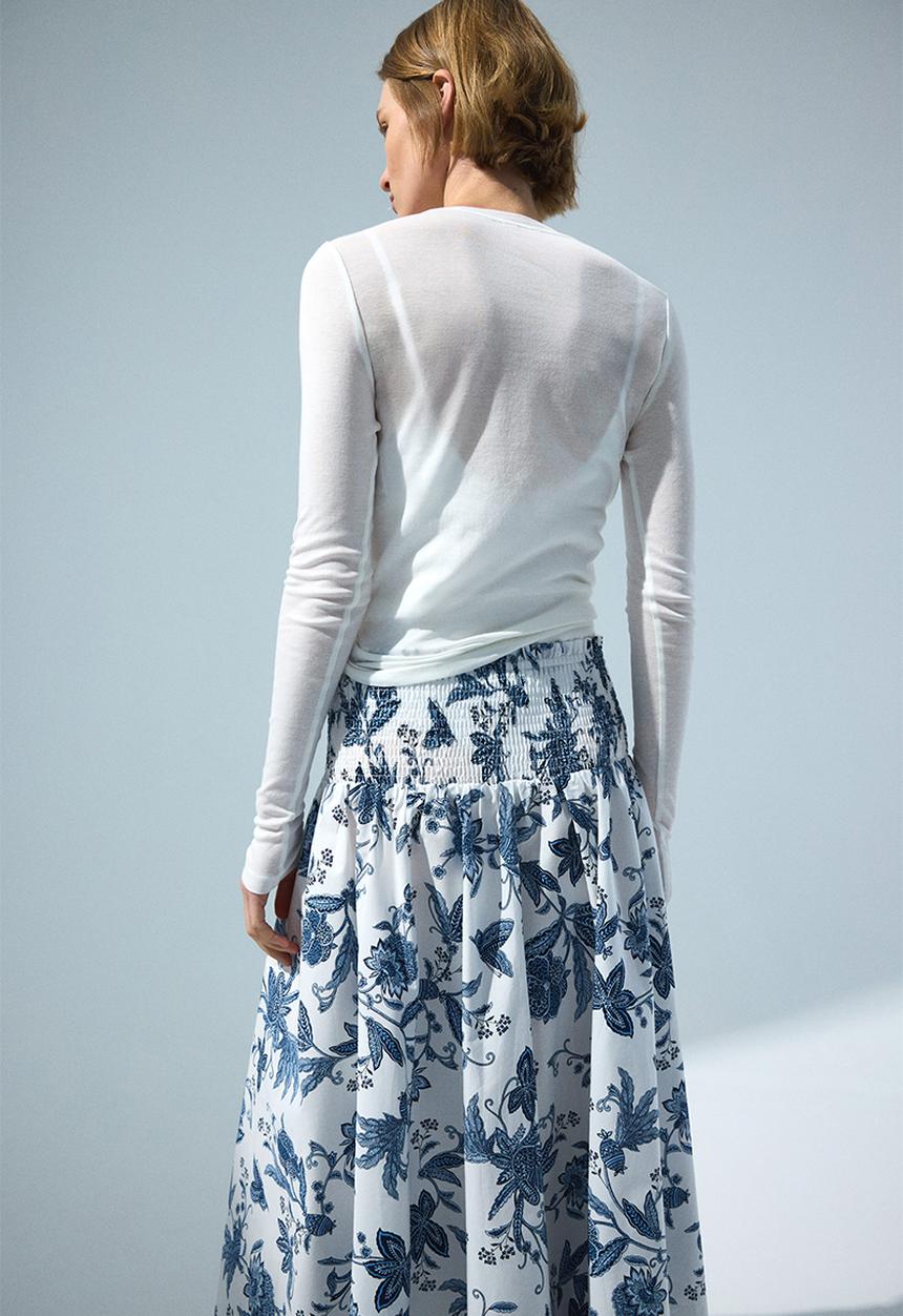 H&M - Smocked-waist skirt - white/blue floral