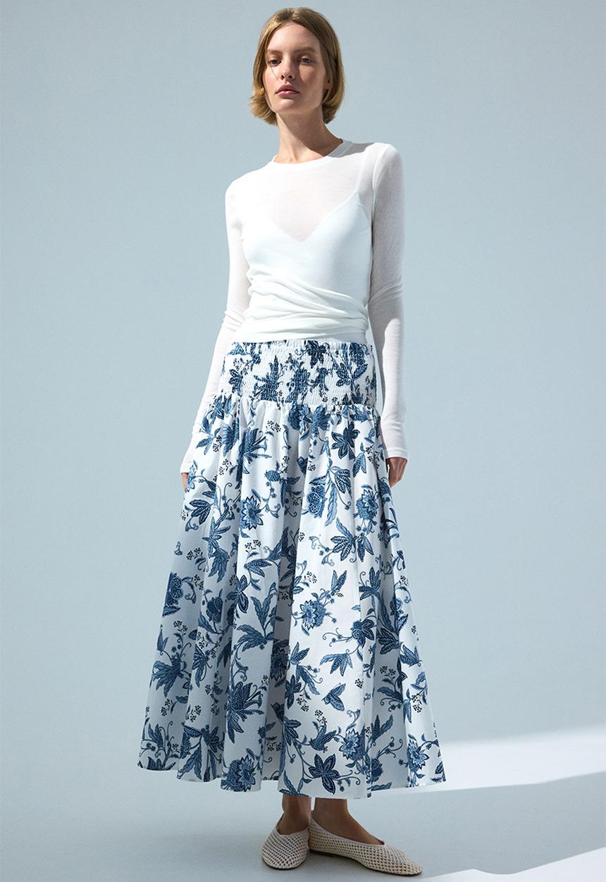 H&M - Smocked-waist skirt - white/blue floral