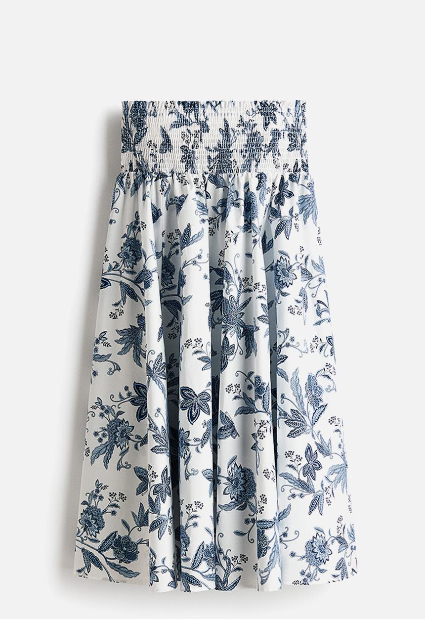 H&M - Smocked-waist skirt - white/blue floral