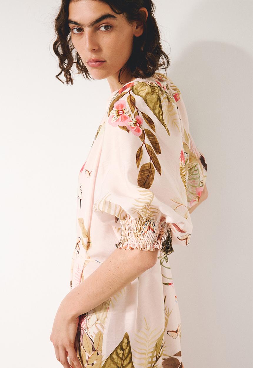 H&M - Tie-belt midi dress - light pink/floral