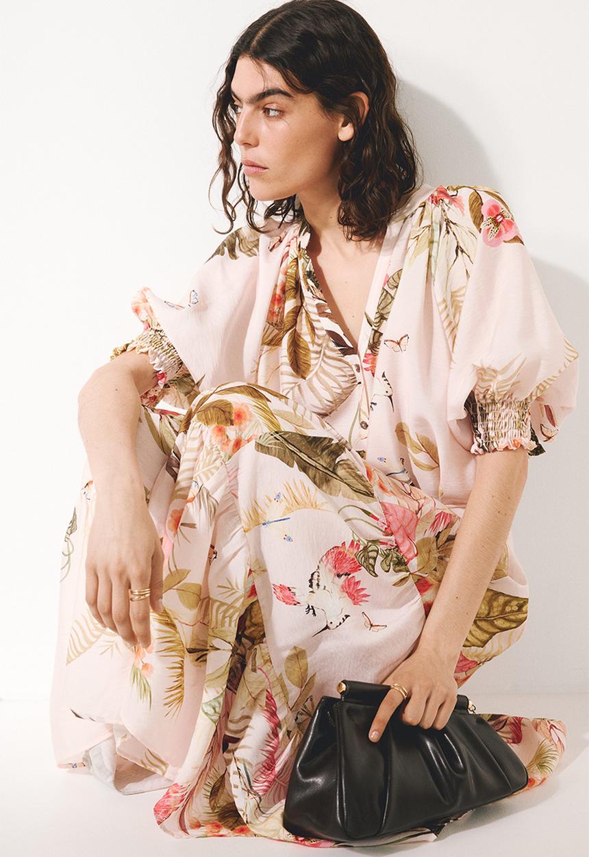 H&M - Tie-belt midi dress - light pink/floral