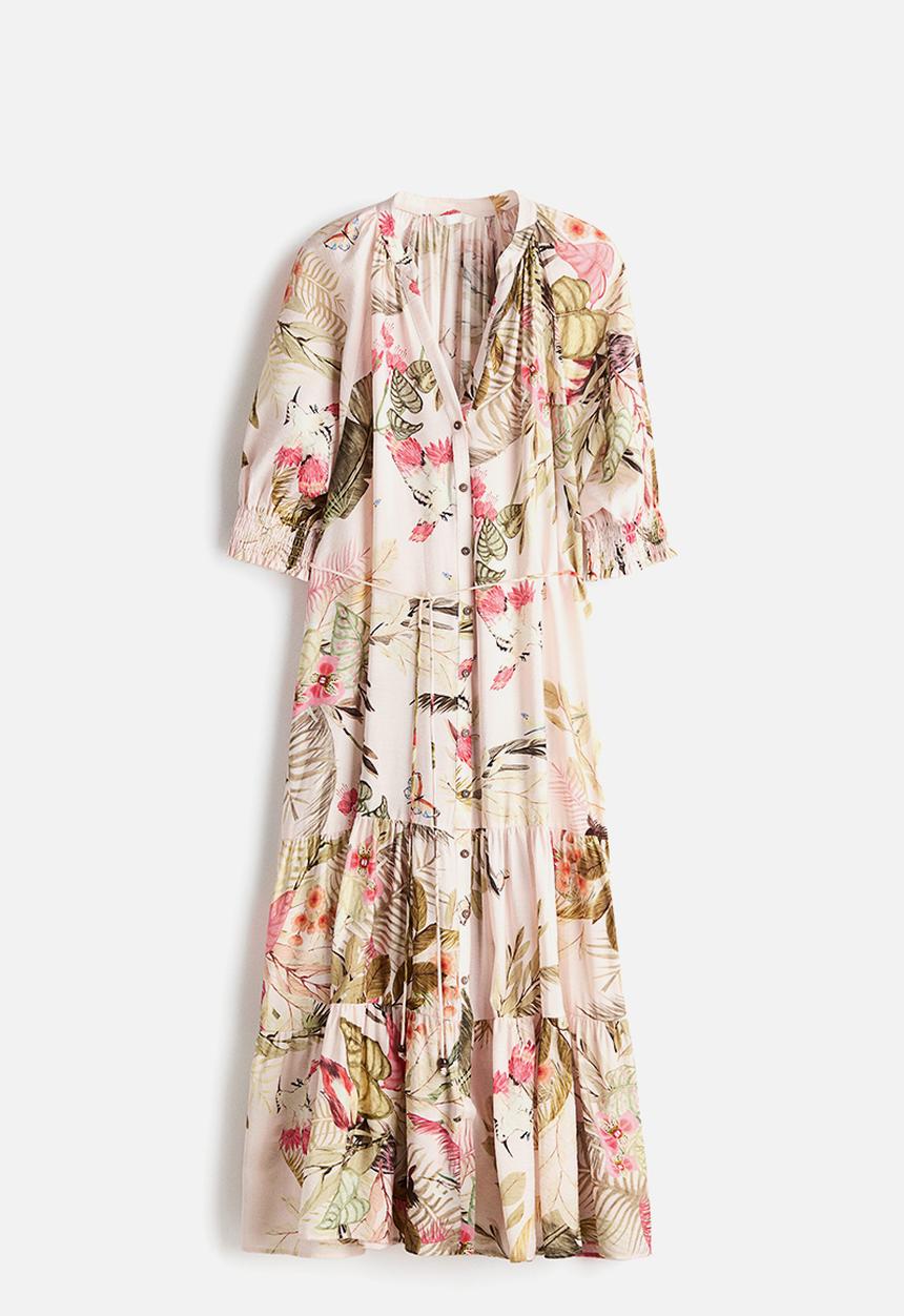 H&M - Tie-belt midi dress - light pink/floral