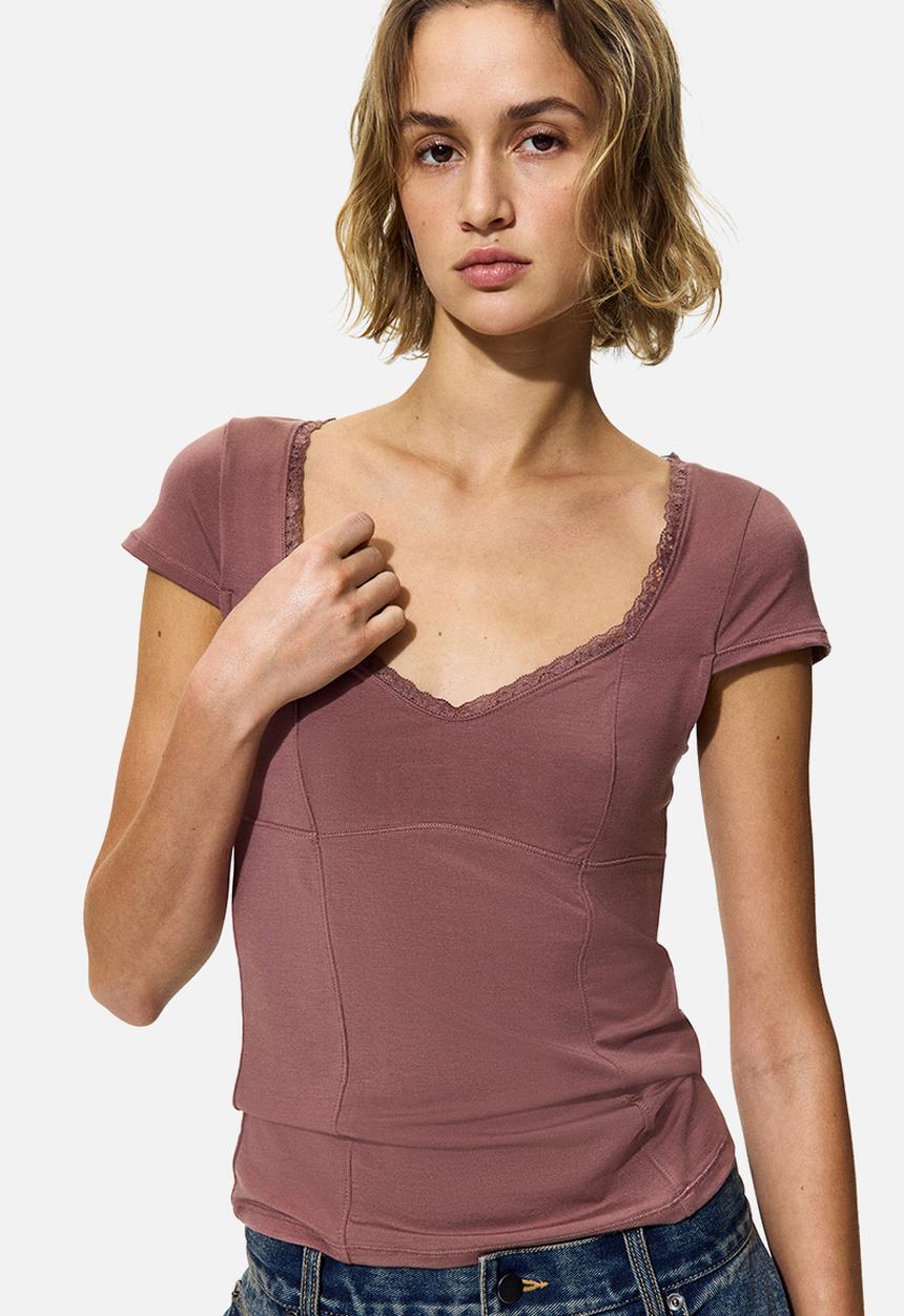 H&M - Lace-trimmed top - dark dusty pink