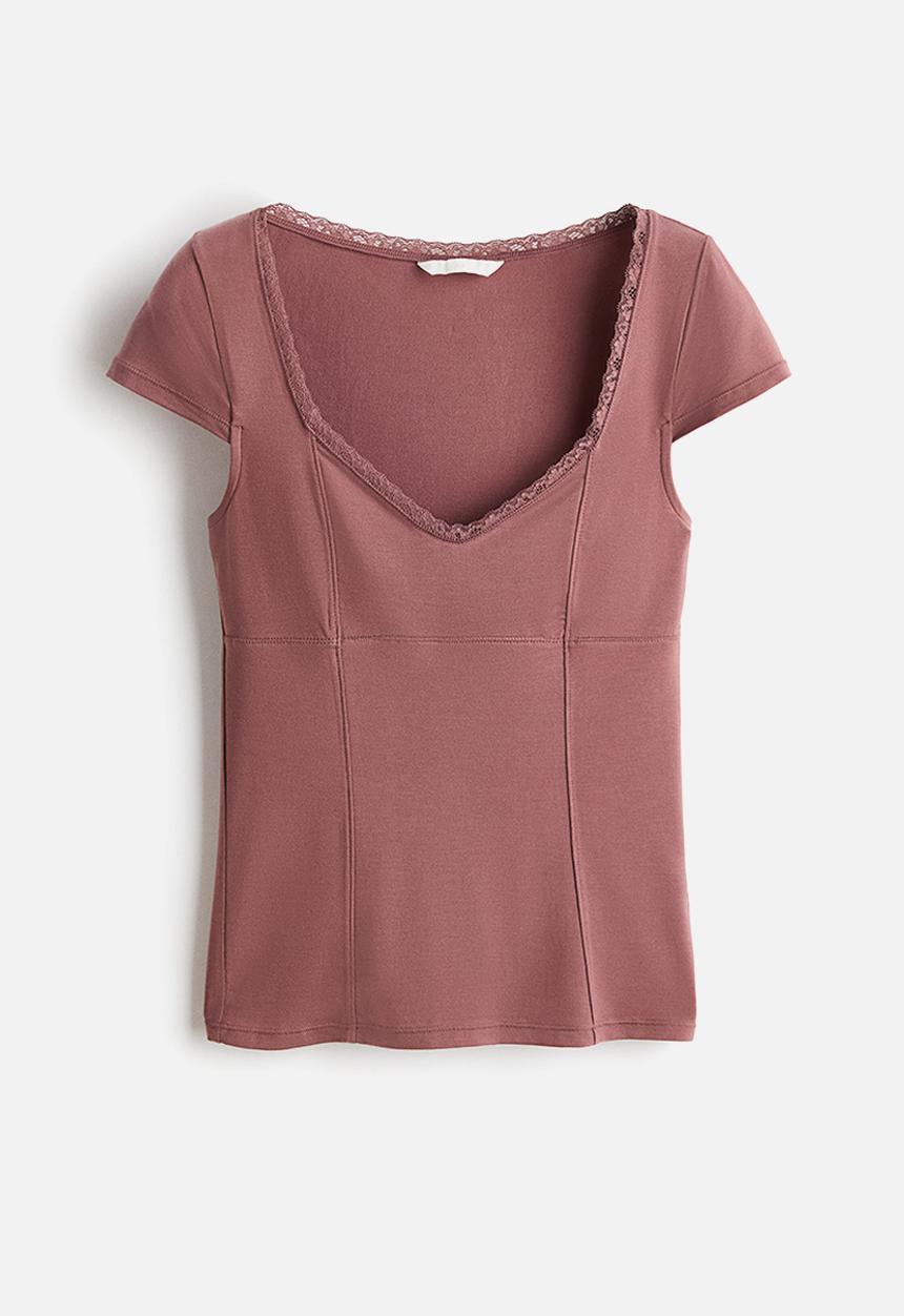 H&M - Lace-trimmed top - dark dusty pink