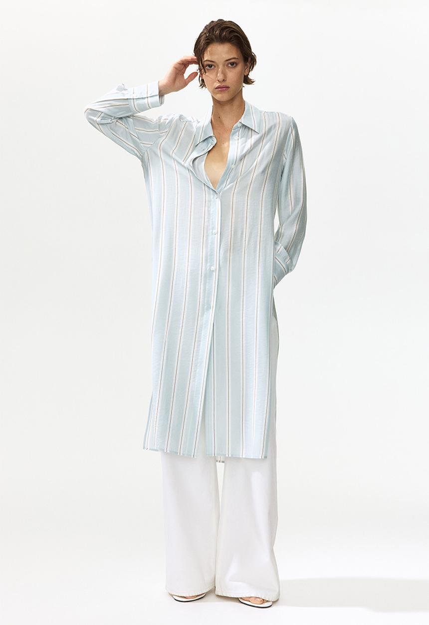 H&M - Long viscose-blend shirt - light blue/striped
