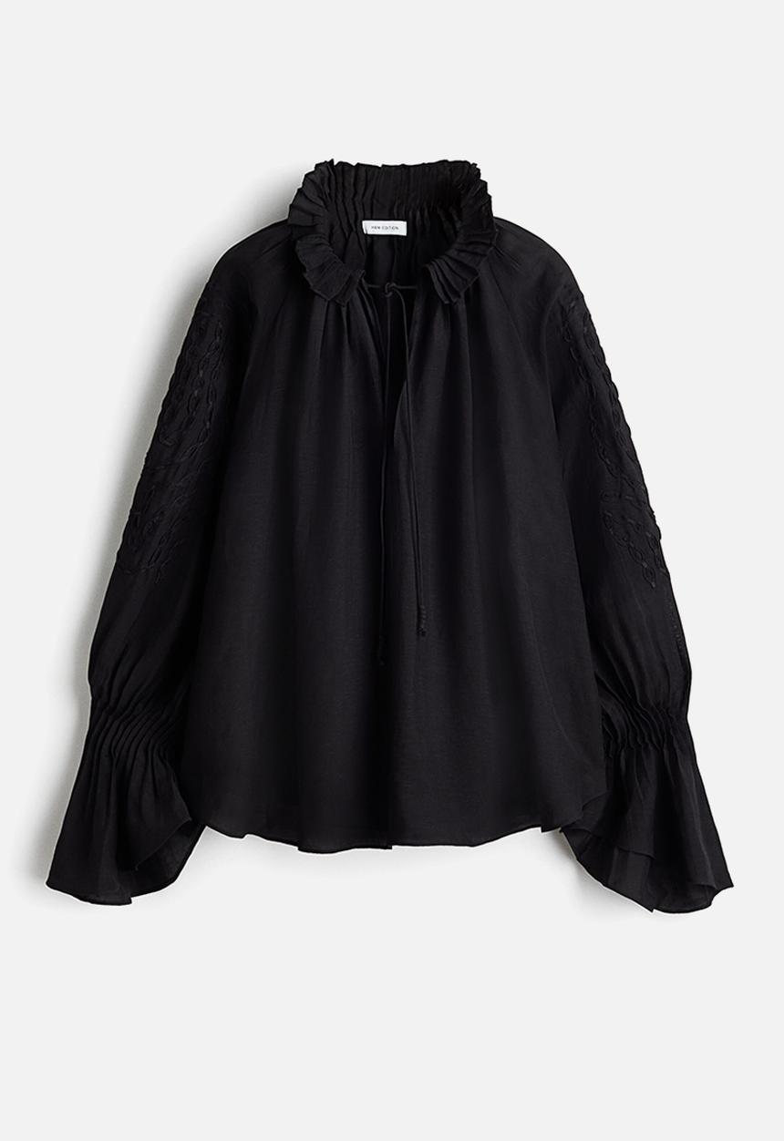 H&M - Embroidered linen-blend blouse - black