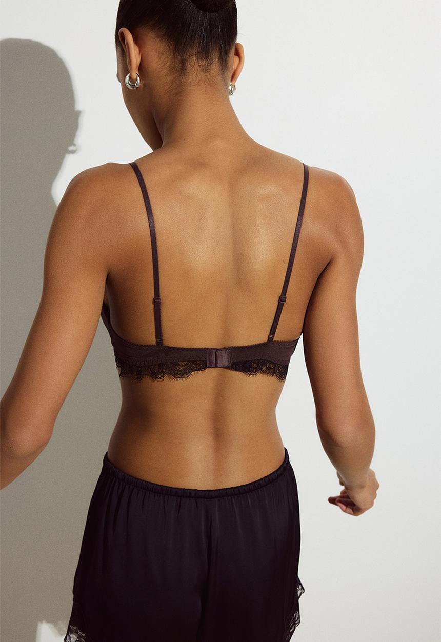 H&M - Padded soft microfibre and lace bra - dark brown/black