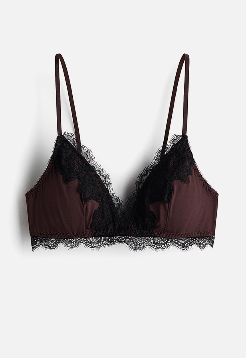 H&M - Padded soft microfibre and lace bra - dark brown/black