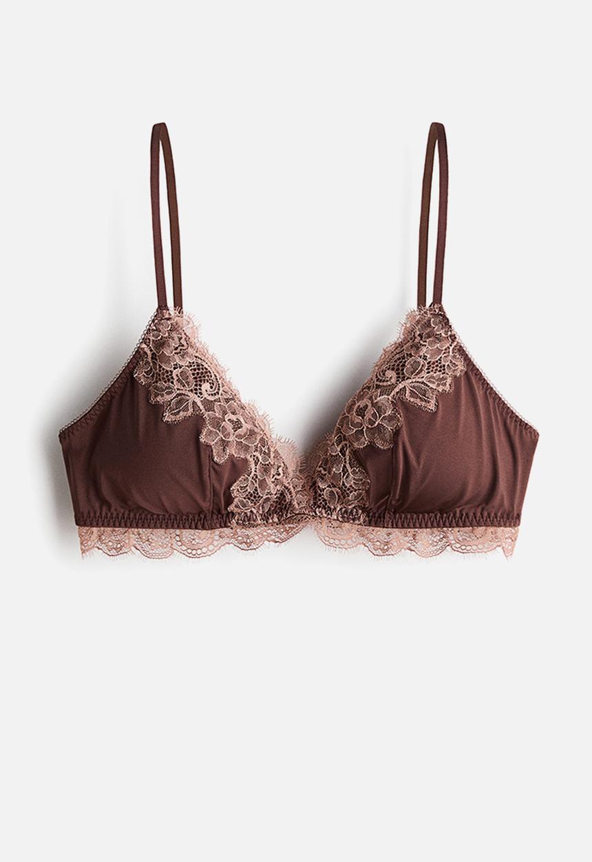 H&M - Padded soft microfibre and lace bra - dark brown/dusty pink