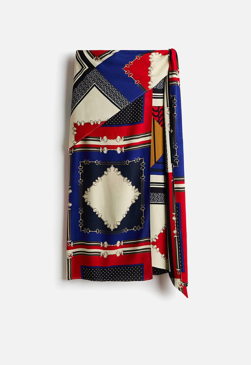 H&M - Scarf-detail skirt - red/blue patterned