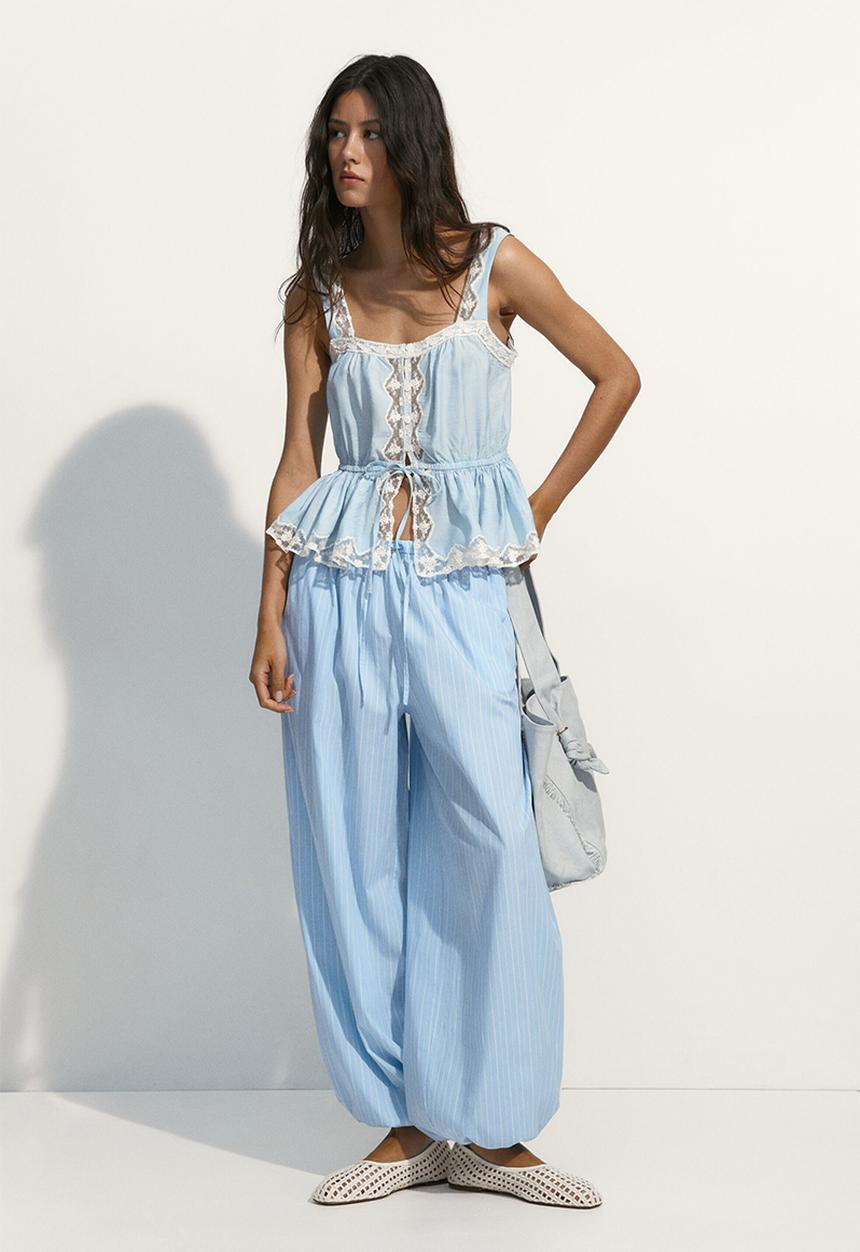 H&M - Cotton balloon trousers - light blue/pinstriped