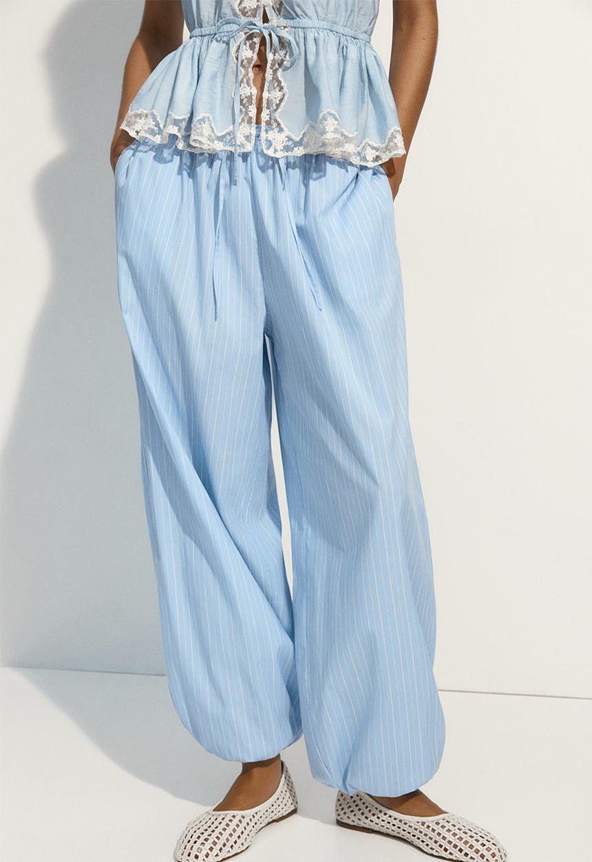 H&M - Cotton balloon trousers - light blue/pinstriped