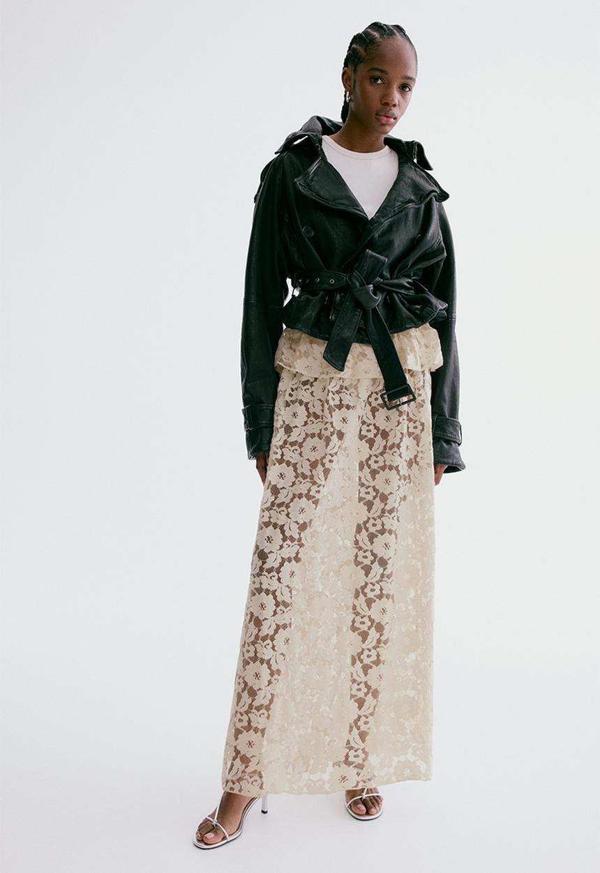 H&M - Flounce-trimmed lace skirt - light beige
