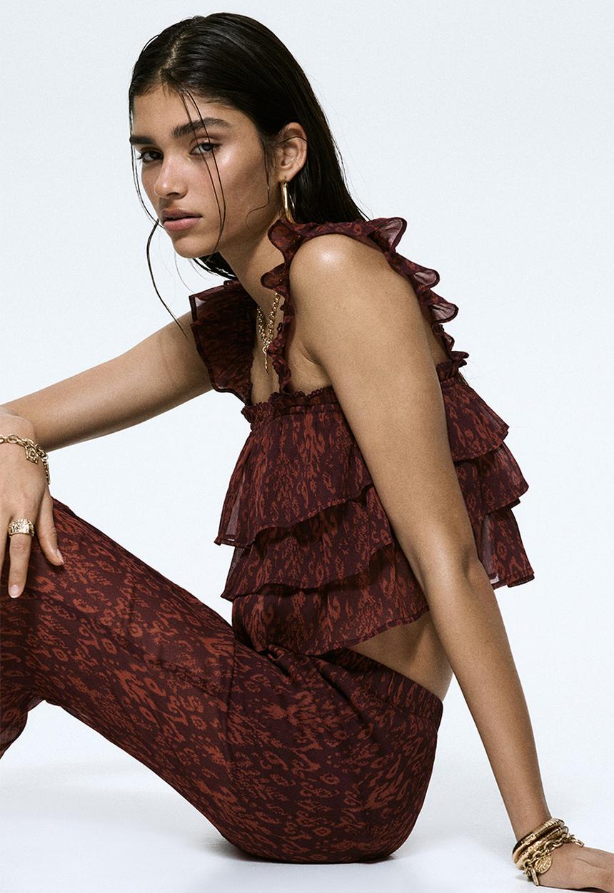 H&M - Tiered crinkled top - burgundy/patterned