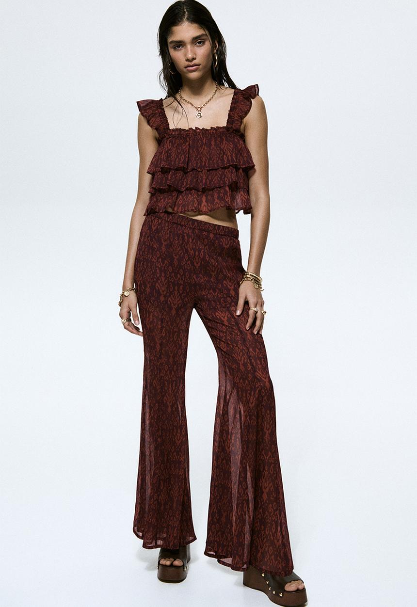 H&M - Tiered crinkled top - burgundy/patterned