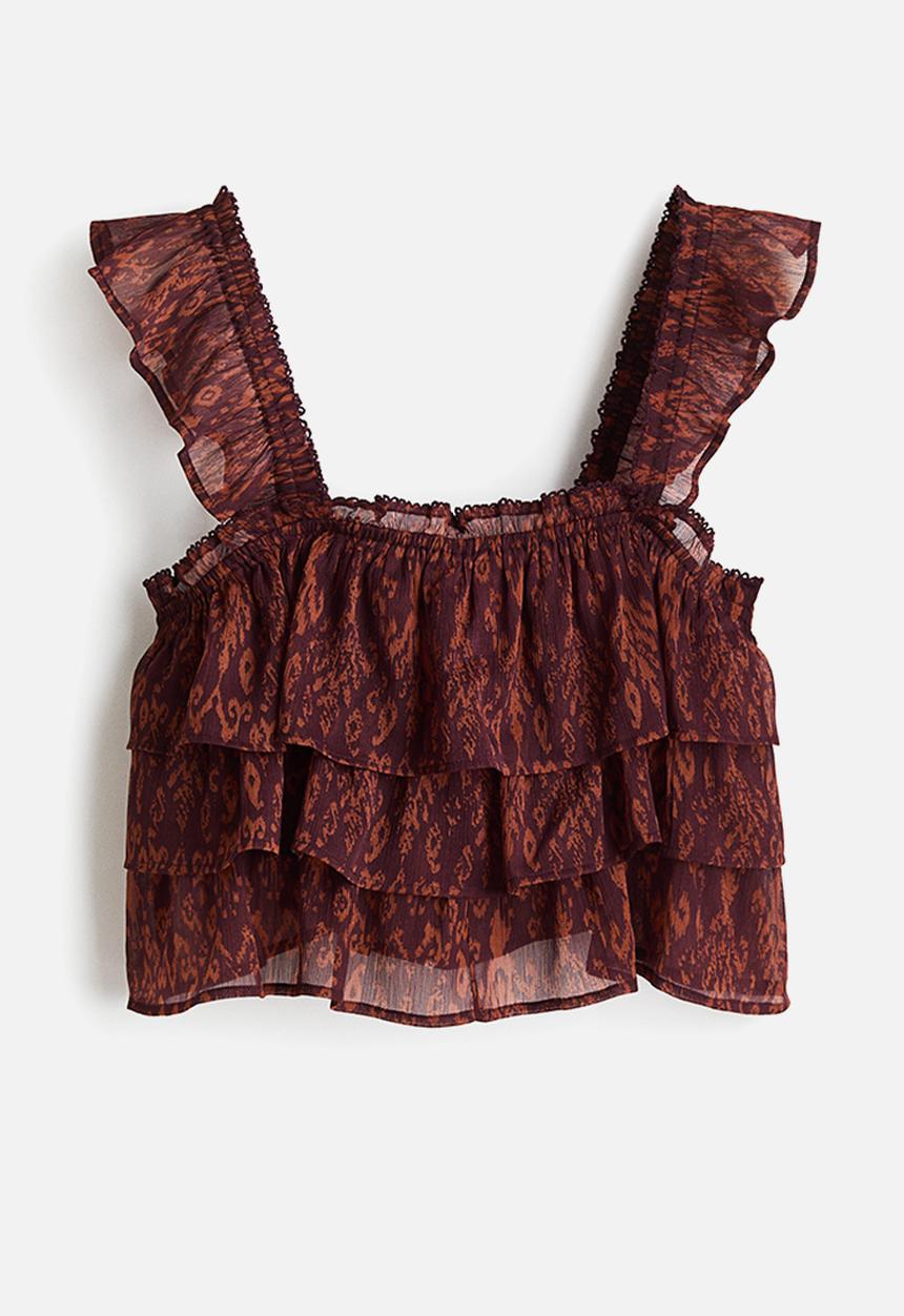 H&M - Tiered crinkled top - burgundy/patterned