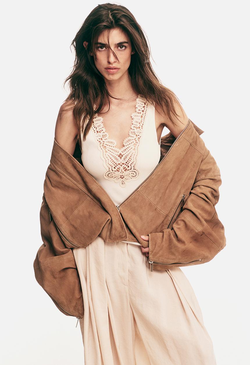 H&M - Lace-trimmed fine-knit top - white/cream