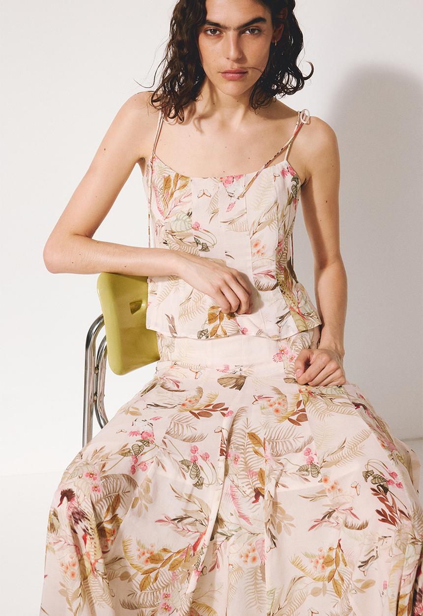H&M - Tie-strap viscose-blend top - light peach pink/floral