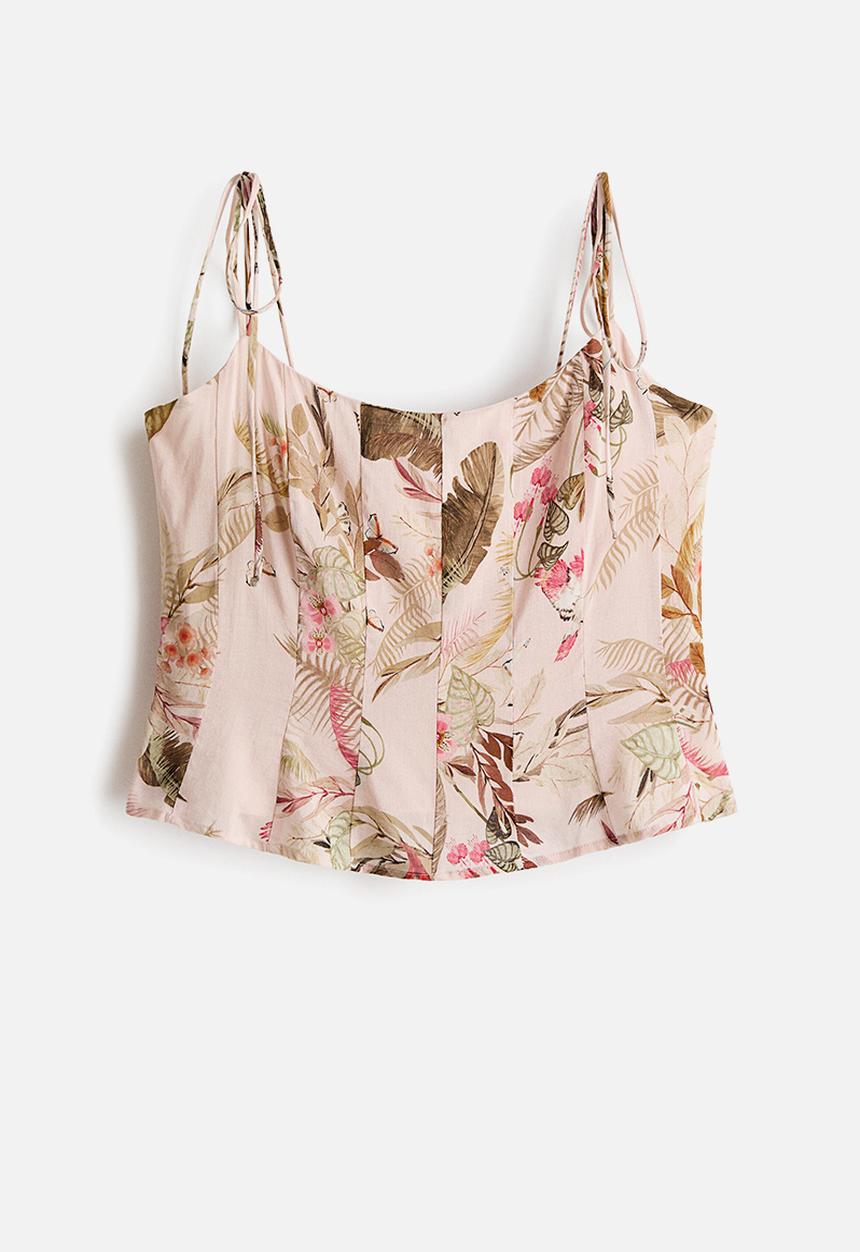 H&M - Tie-strap viscose-blend top - light peach pink/floral
