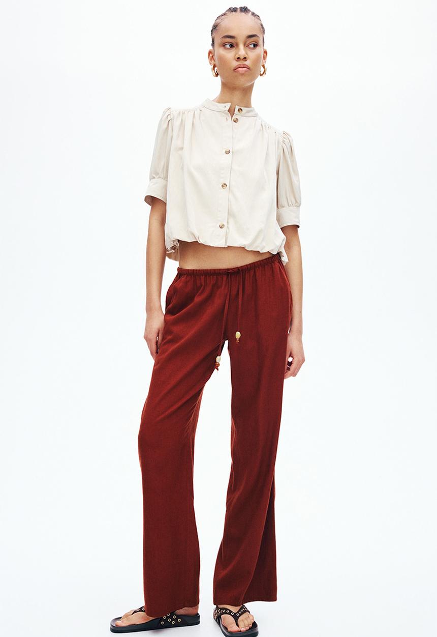 H&M - Linen-blend drawstring trousers - rust red