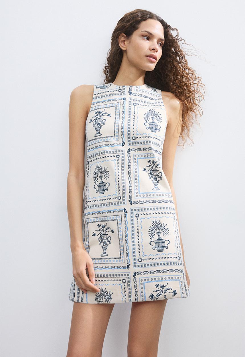 H&M - Open-back twill dress - light beige/patterned