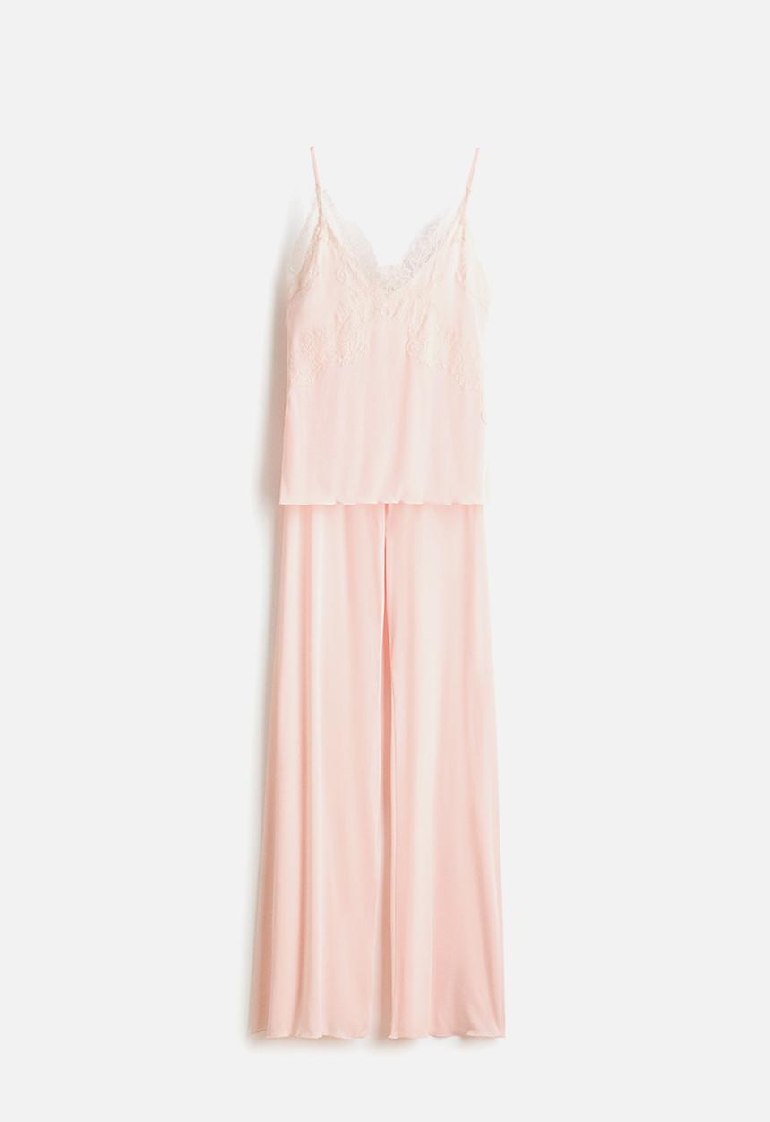 H&M - Lace-trimmed jersey pyjamas - light peach pink