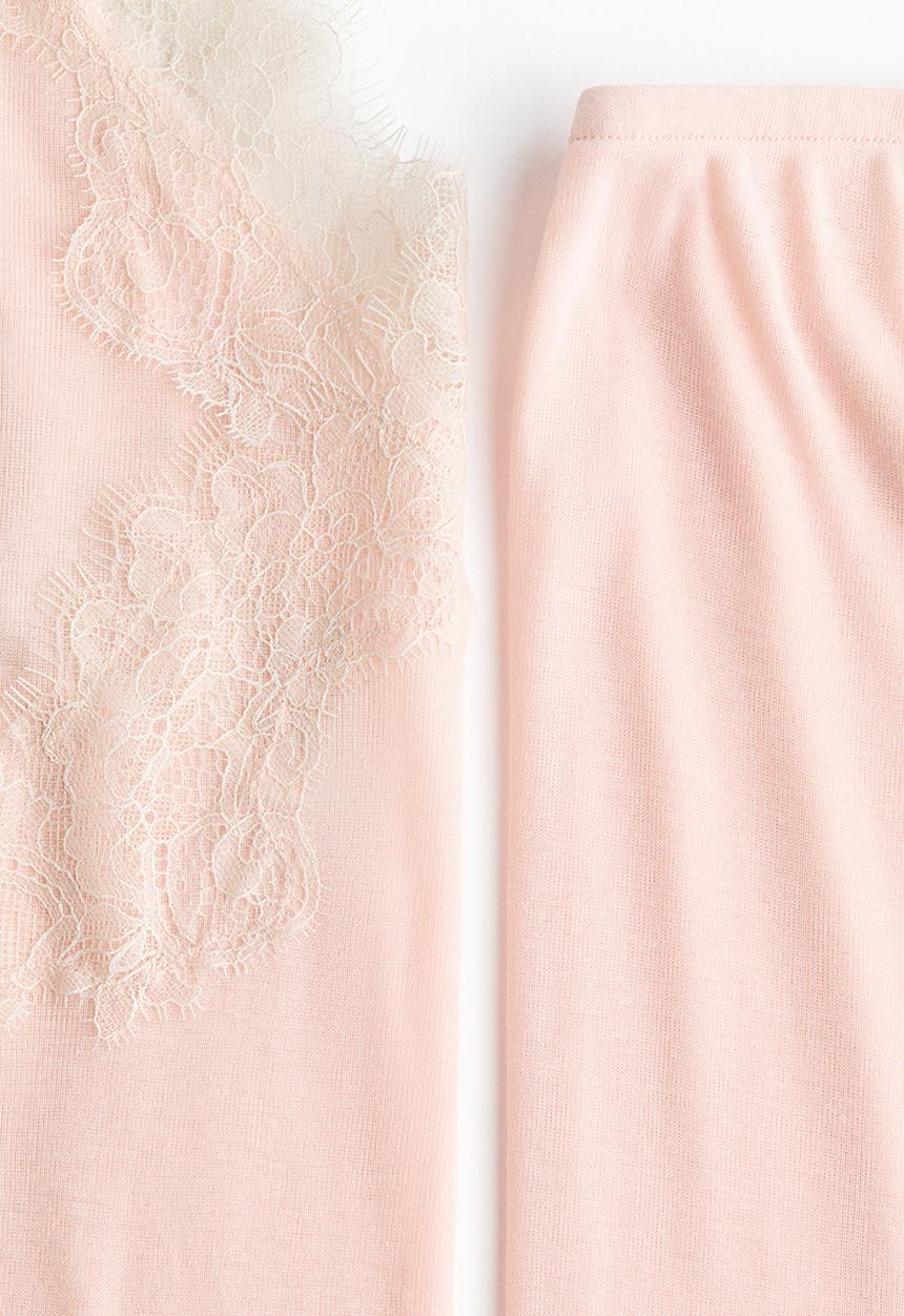 H&M - Lace-trimmed jersey pyjamas - light peach pink