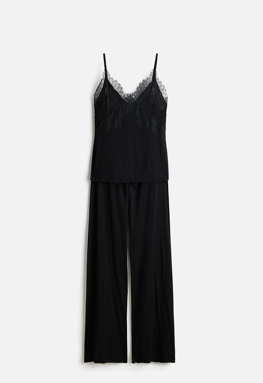 H&M - Lace-trimmed jersey pyjamas - black