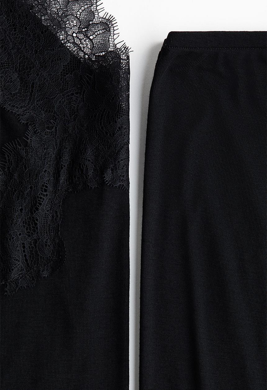 H&M - Lace-trimmed jersey pyjamas - black