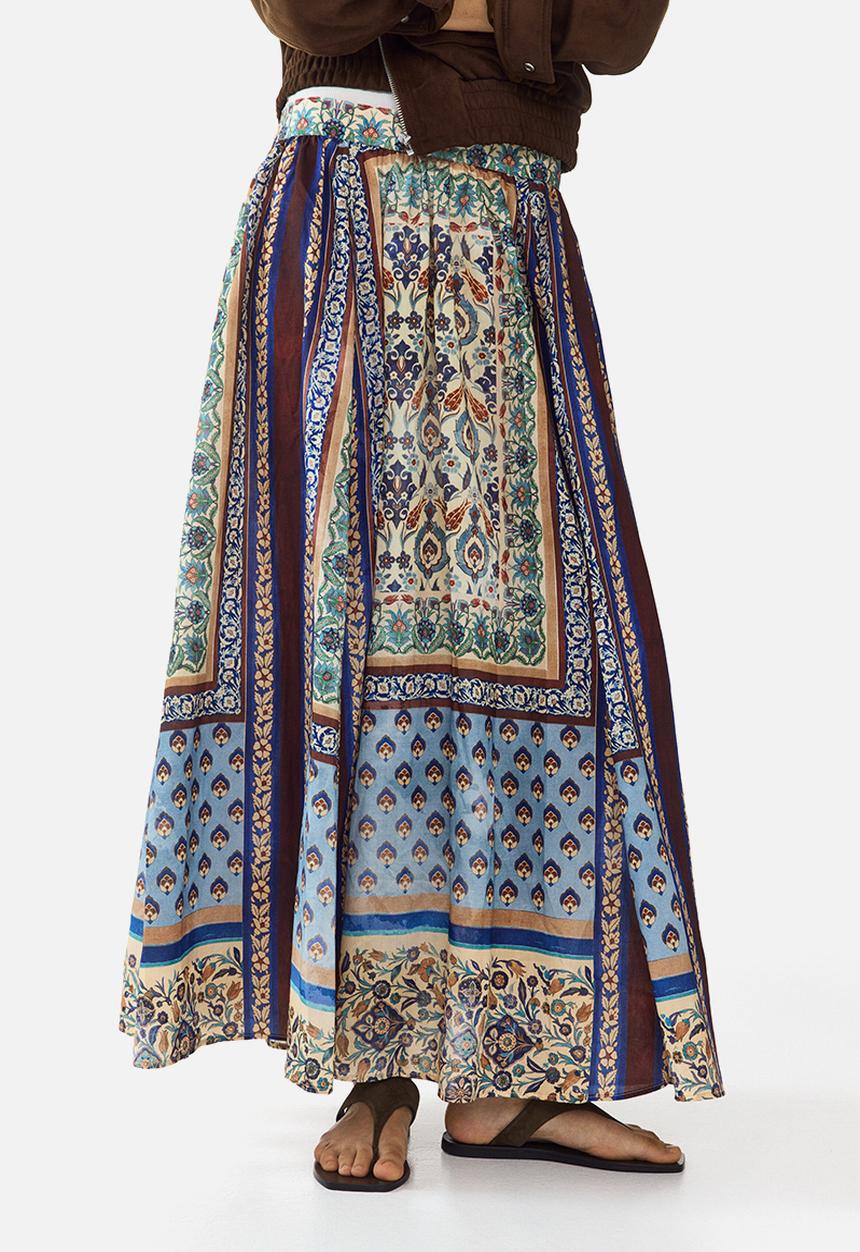H&M - Loose-fit maxi skirt - blue/patterned