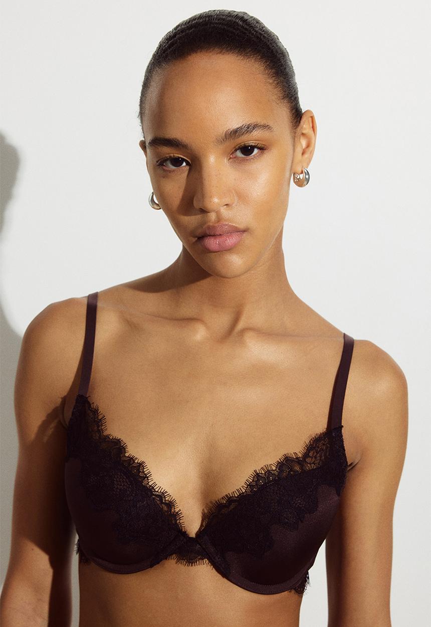 H&M - Microfibre and lace push-up bra - dark brown/black