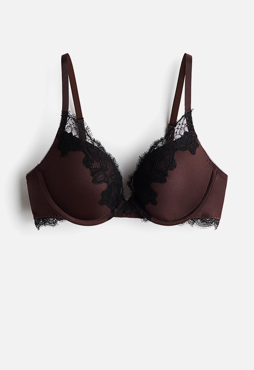H&M - Microfibre and lace push-up bra - dark brown/black