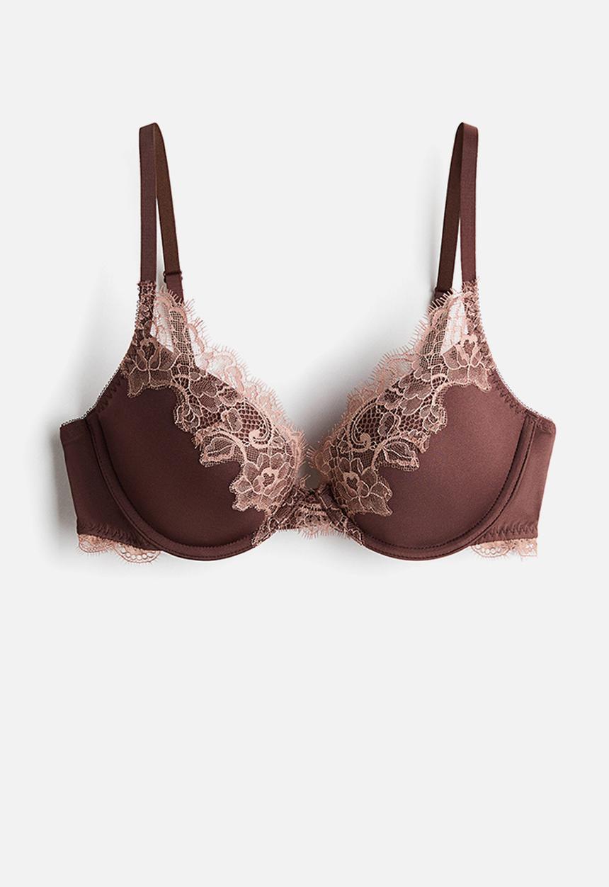 H&M - Microfibre and lace push-up bra - dark brown/dusty pink