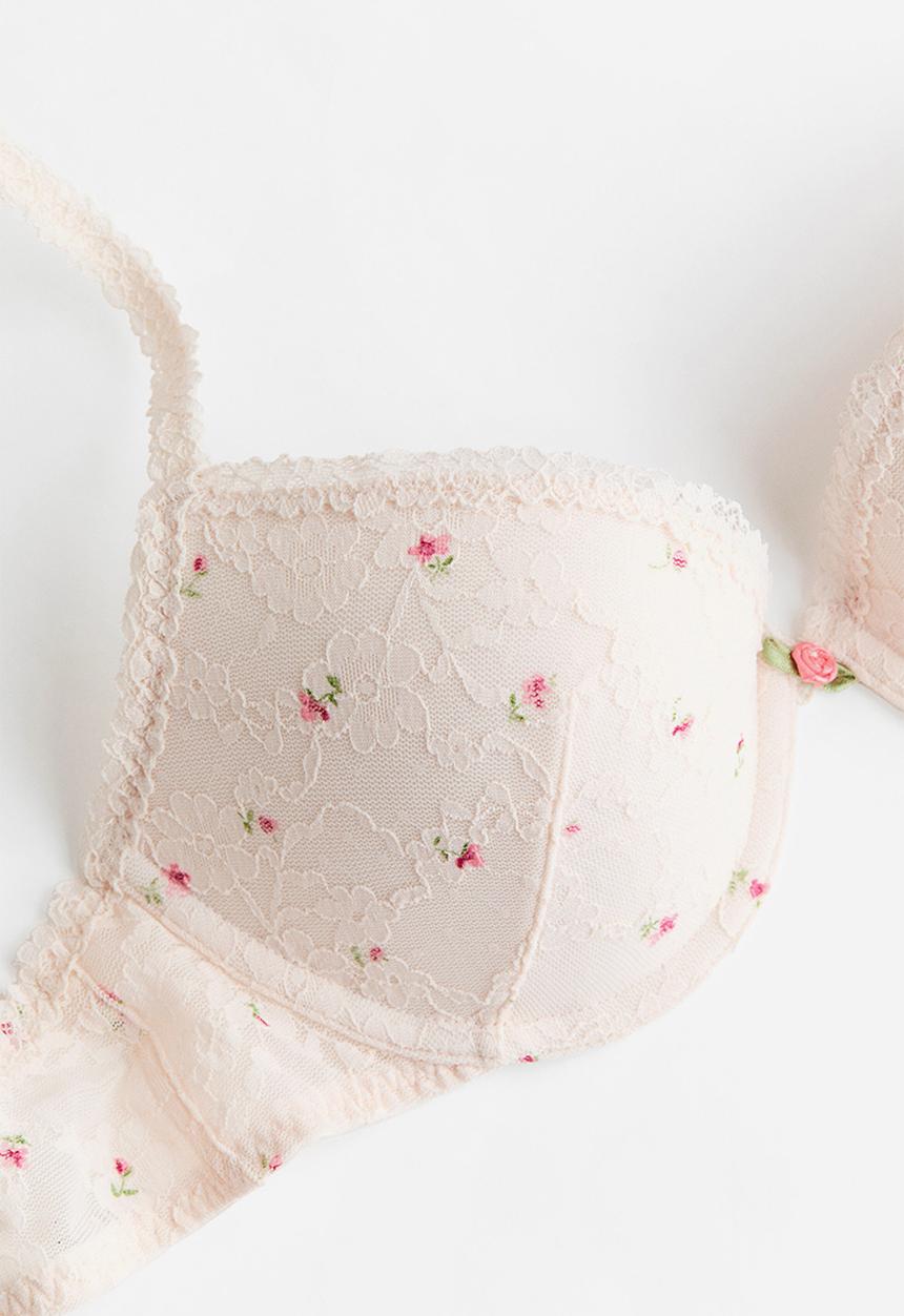 H&M - Lace push-up bra - powder pink/floral