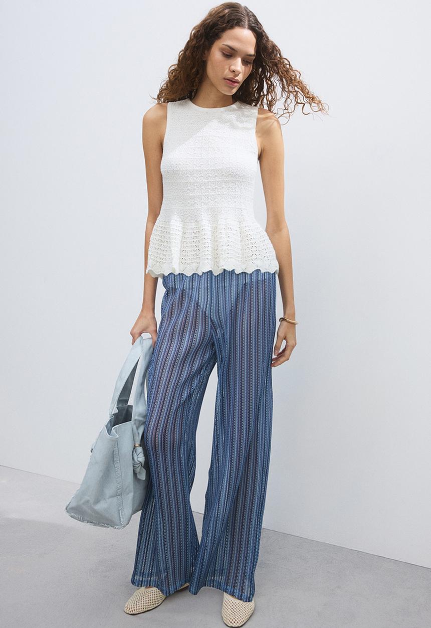 H&M - Wide hole-knit trousers - light blue/striped