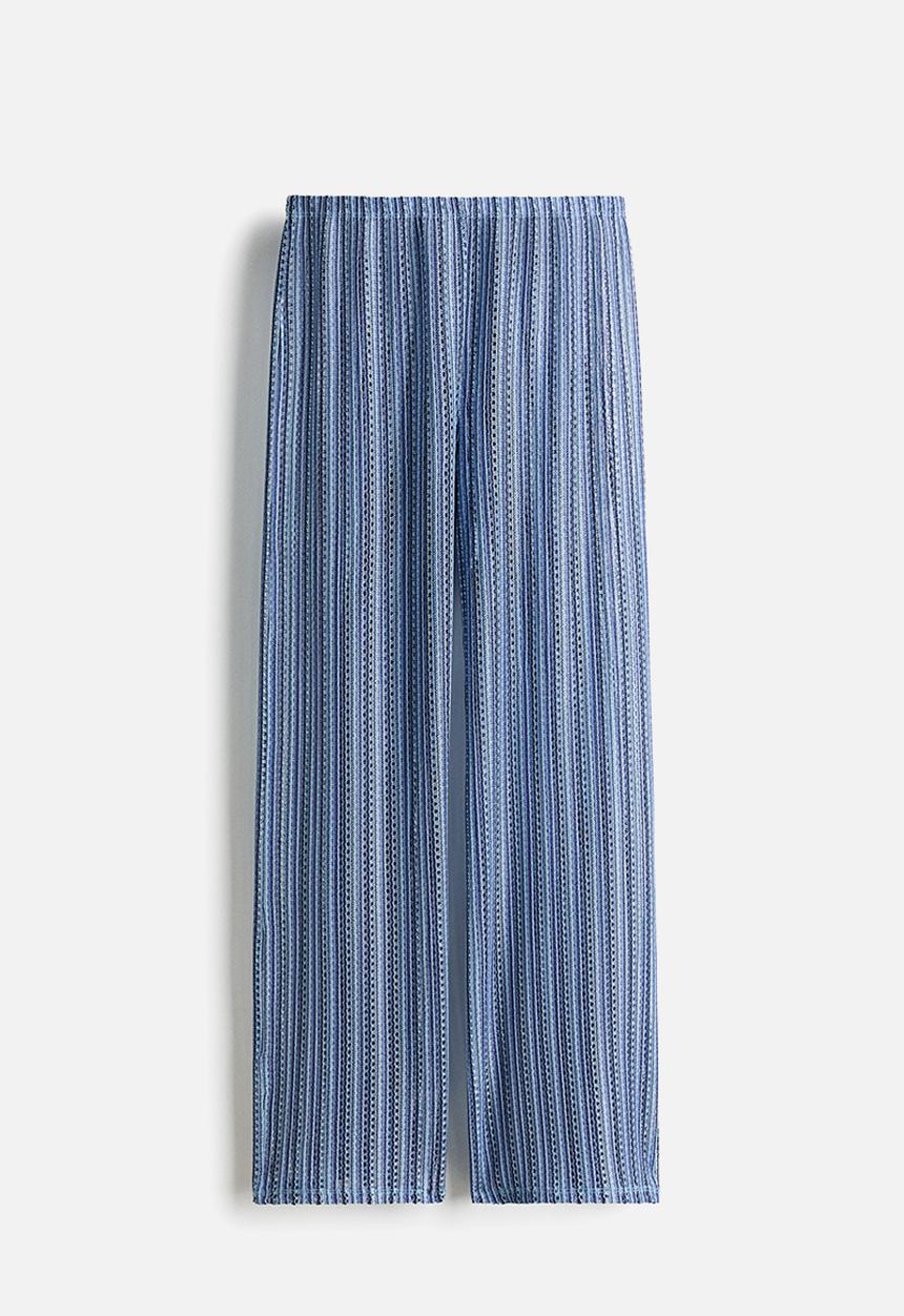 H&M - Wide hole-knit trousers - light blue/striped