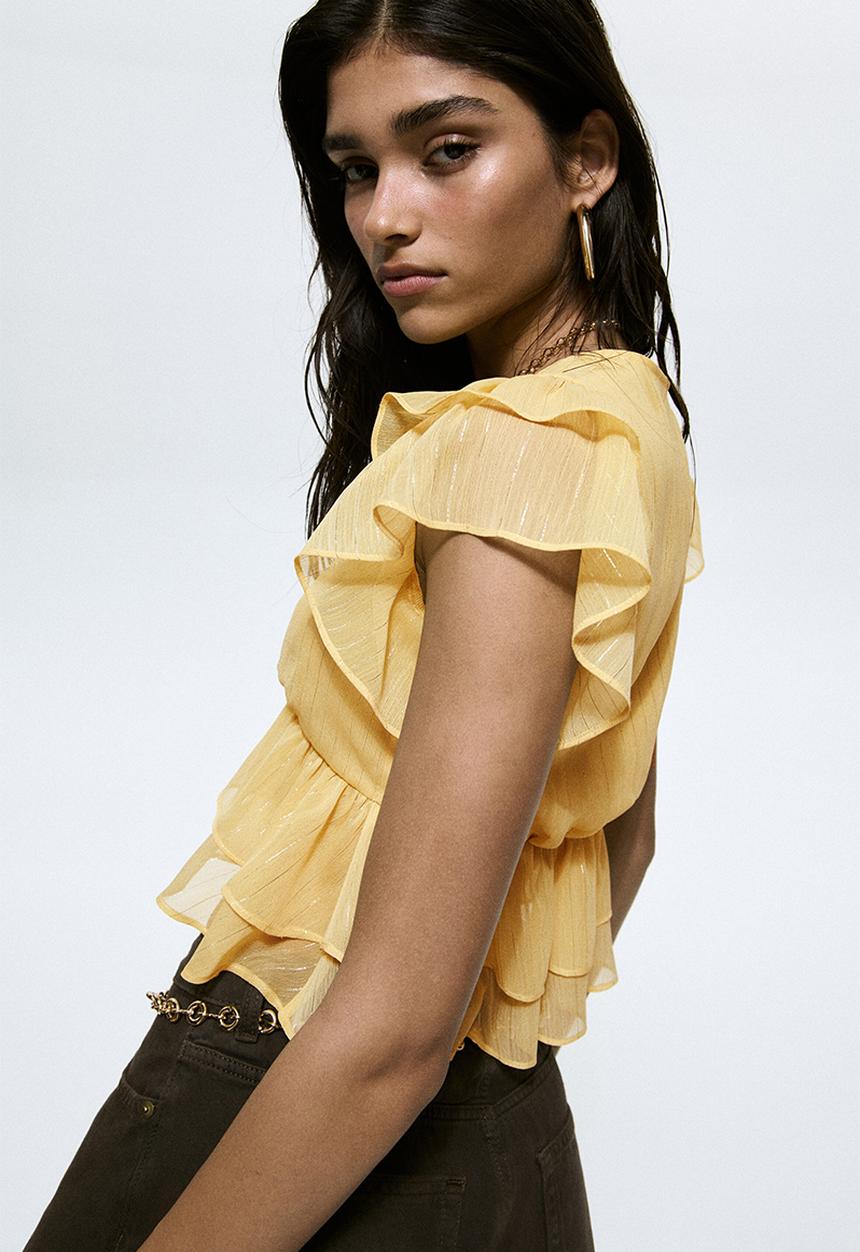 H&M - Frill-trimmed chiffon top - yellow/glittery
