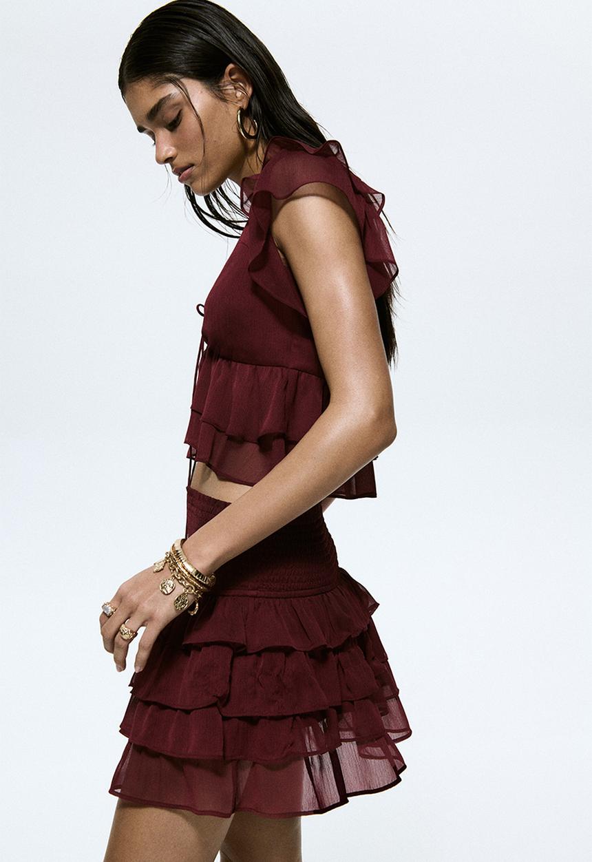 H&M - Frill-trimmed chiffon top - burgundy