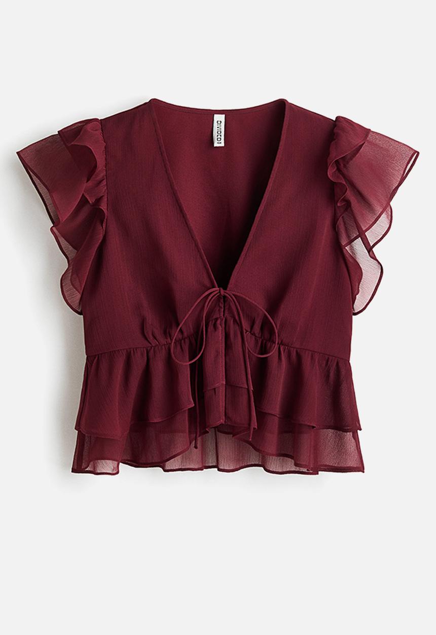 H&M - Frill-trimmed chiffon top - burgundy