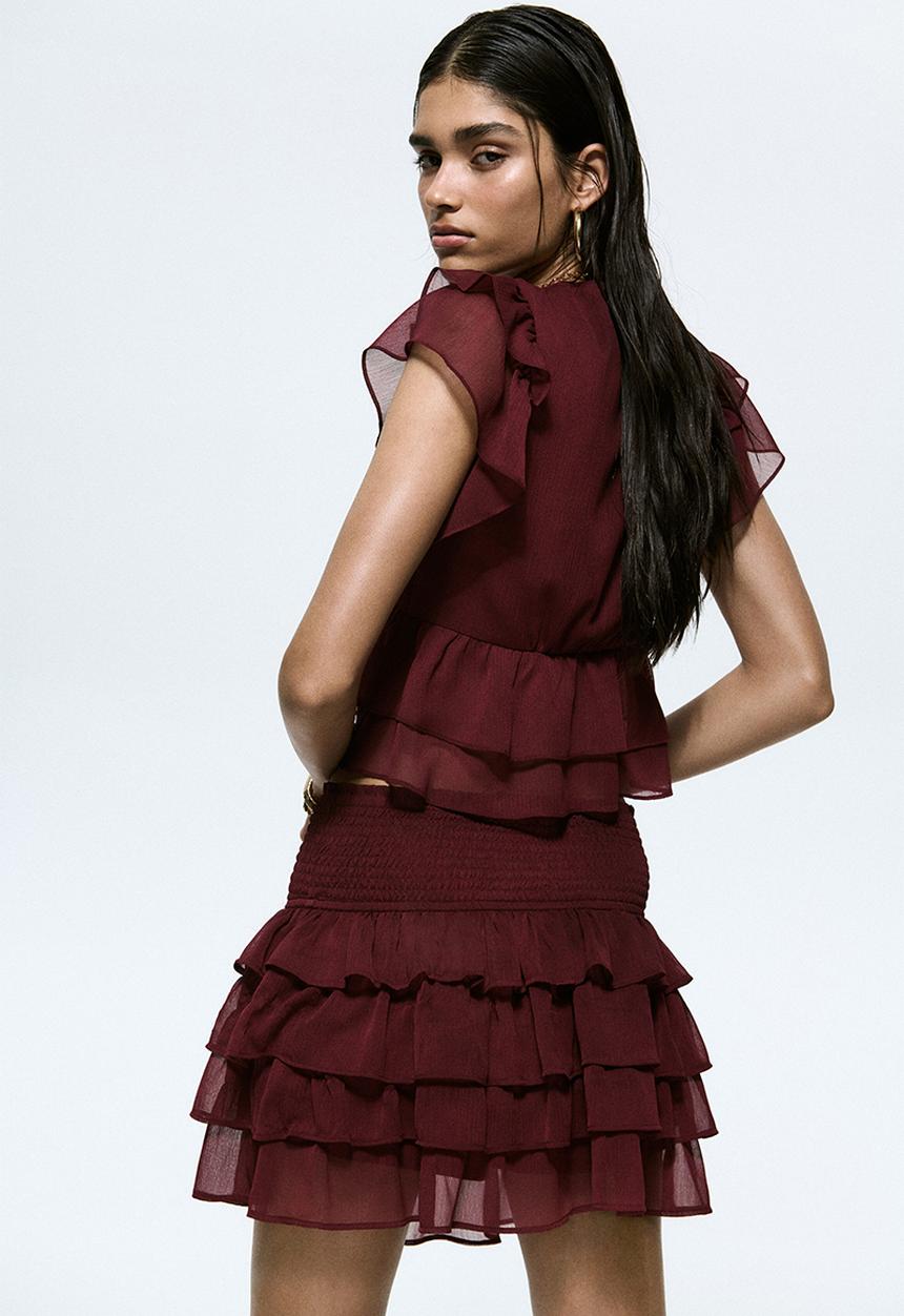 H&M - Frill-trimmed chiffon top - burgundy