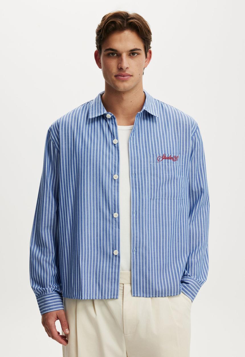 Cotton On - Bedford Long Sleeve Shirt - Indigo Stripe