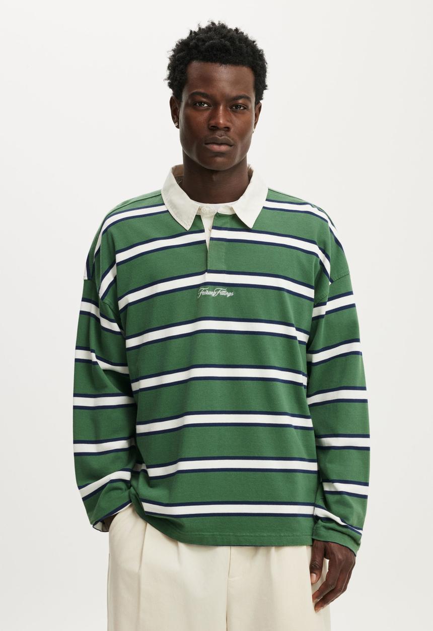 Cotton On - Box Fit Rugby Polo - Green Bold Stripe