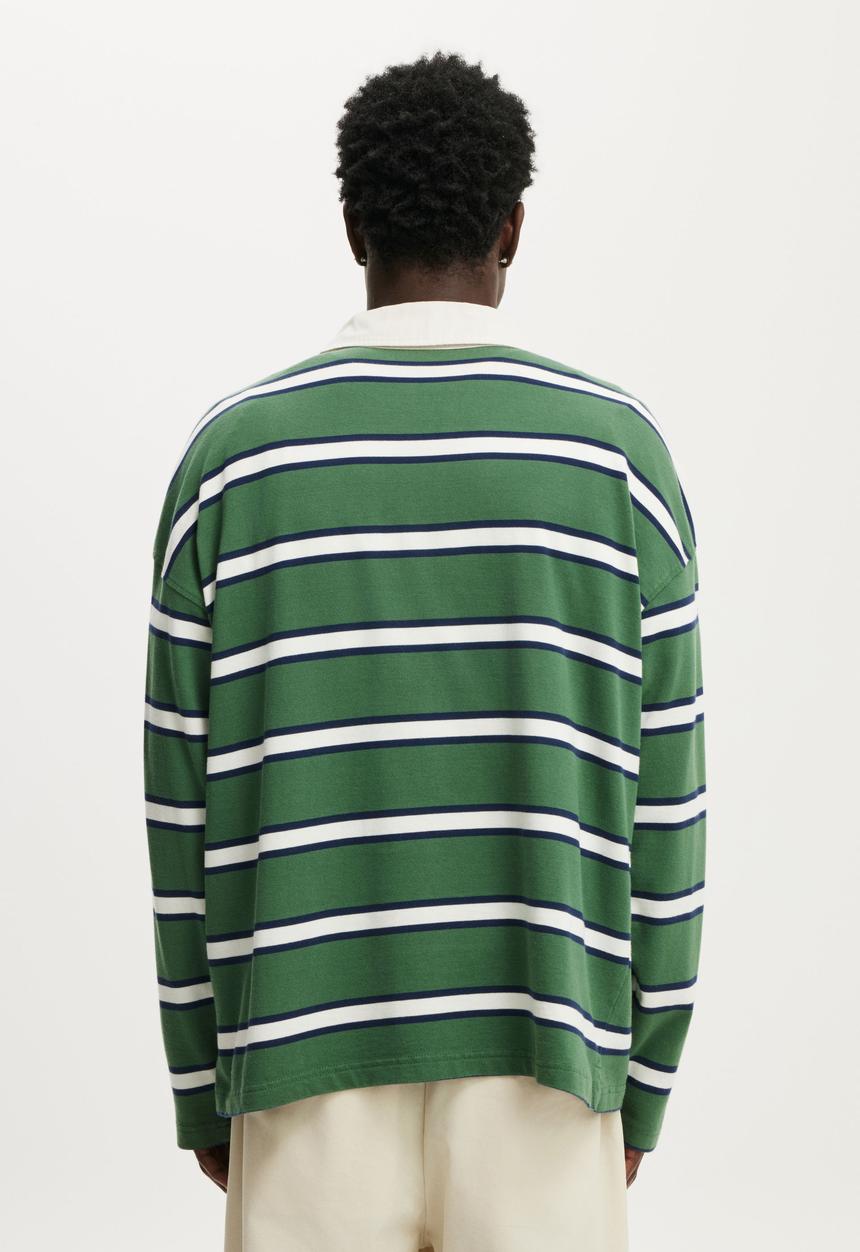 Cotton On - Box Fit Rugby Polo - Green Bold Stripe