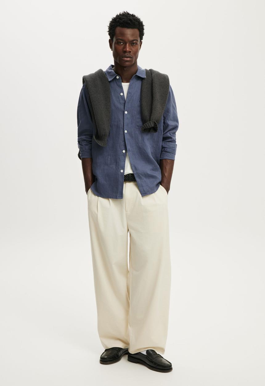 Cotton On - Relaxed Linen Long Sleeve Shirt - Faded Navy