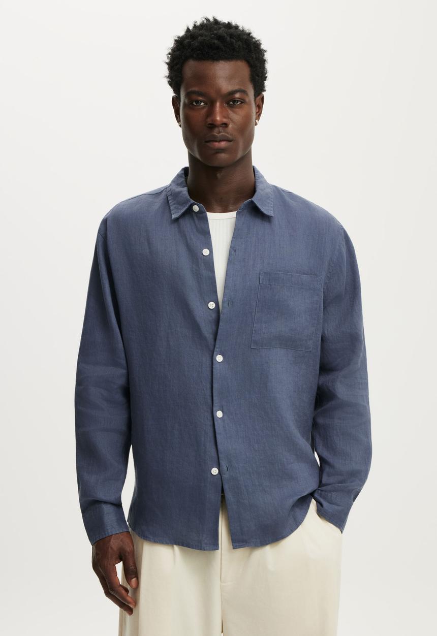 Cotton On - Relaxed Linen Long Sleeve Shirt - Faded Navy